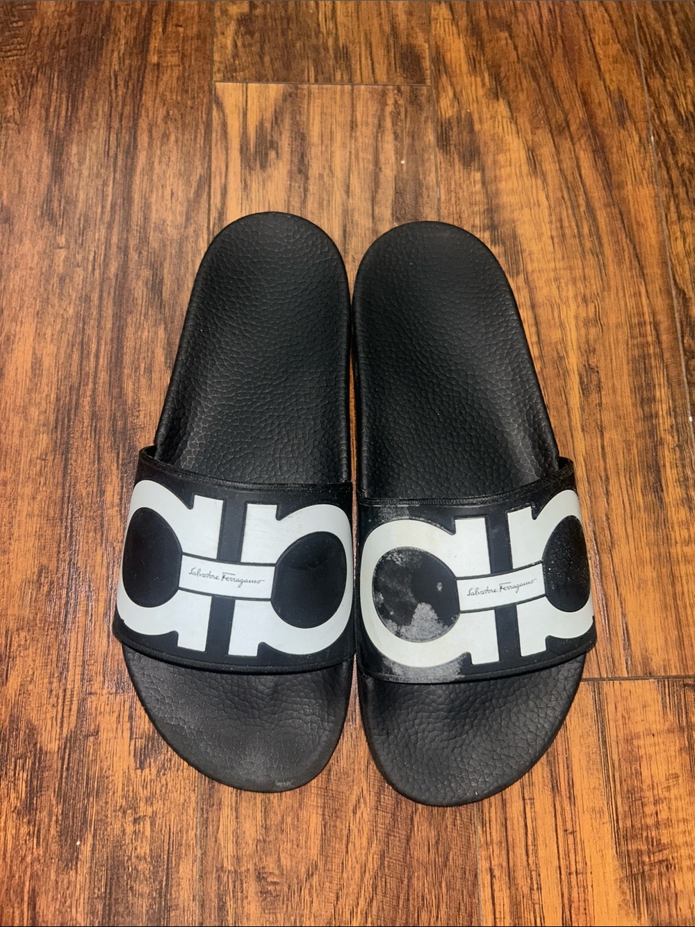 Salvatore Ferragamo Black Slides with White Logo Strap